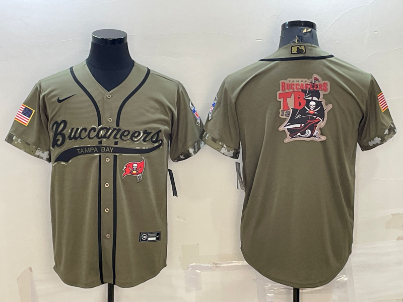 Men's Tampa Bay Buccaneers Olive 2022 Salute To Service Team Big Logo Cool Base Stitched Baseball Jersey 001